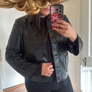 Chicos Faux Black Leather Jacket with Embroidered Details
